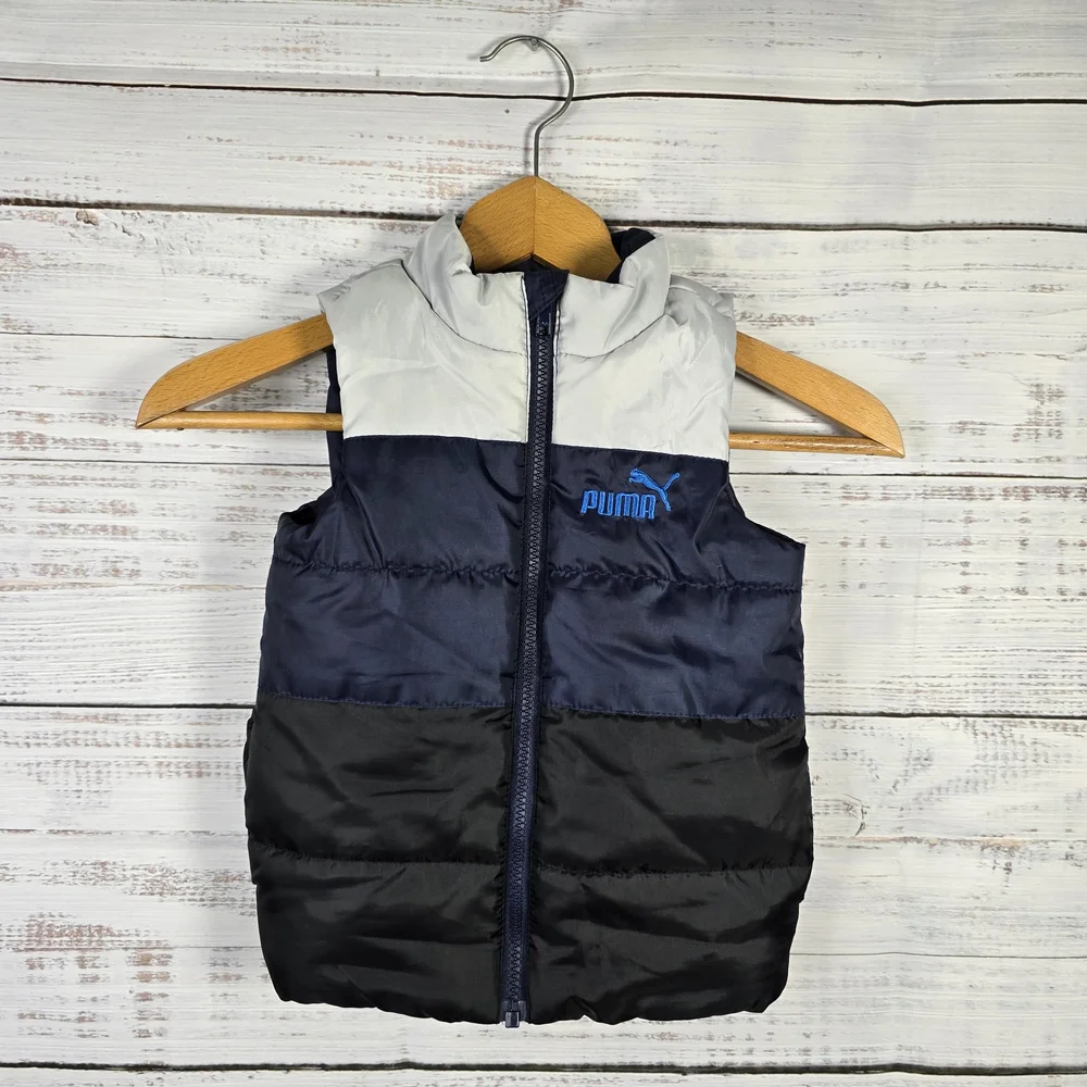 Puma Boys Colorblock Puffer Vest -‎ Navy, Black & Gray Size 4
